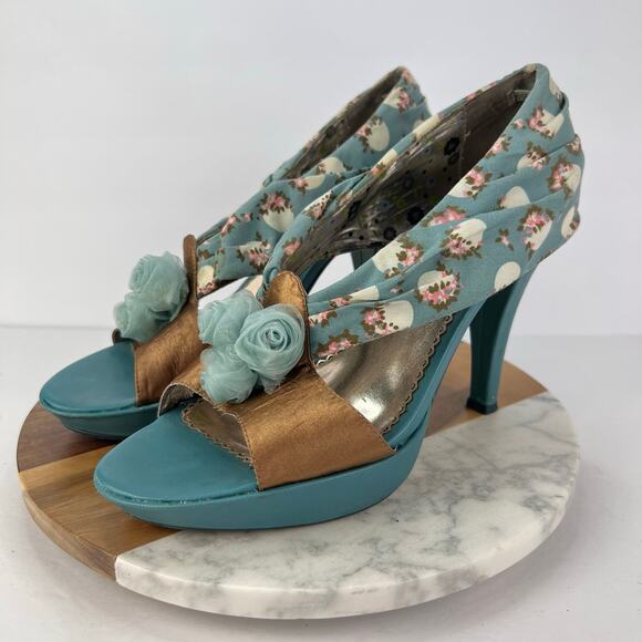 Poetic License 10 APPLE OF MY EYE Open Toe Floral Blue Cone Heels Bridgerton - Picture 3 of 9